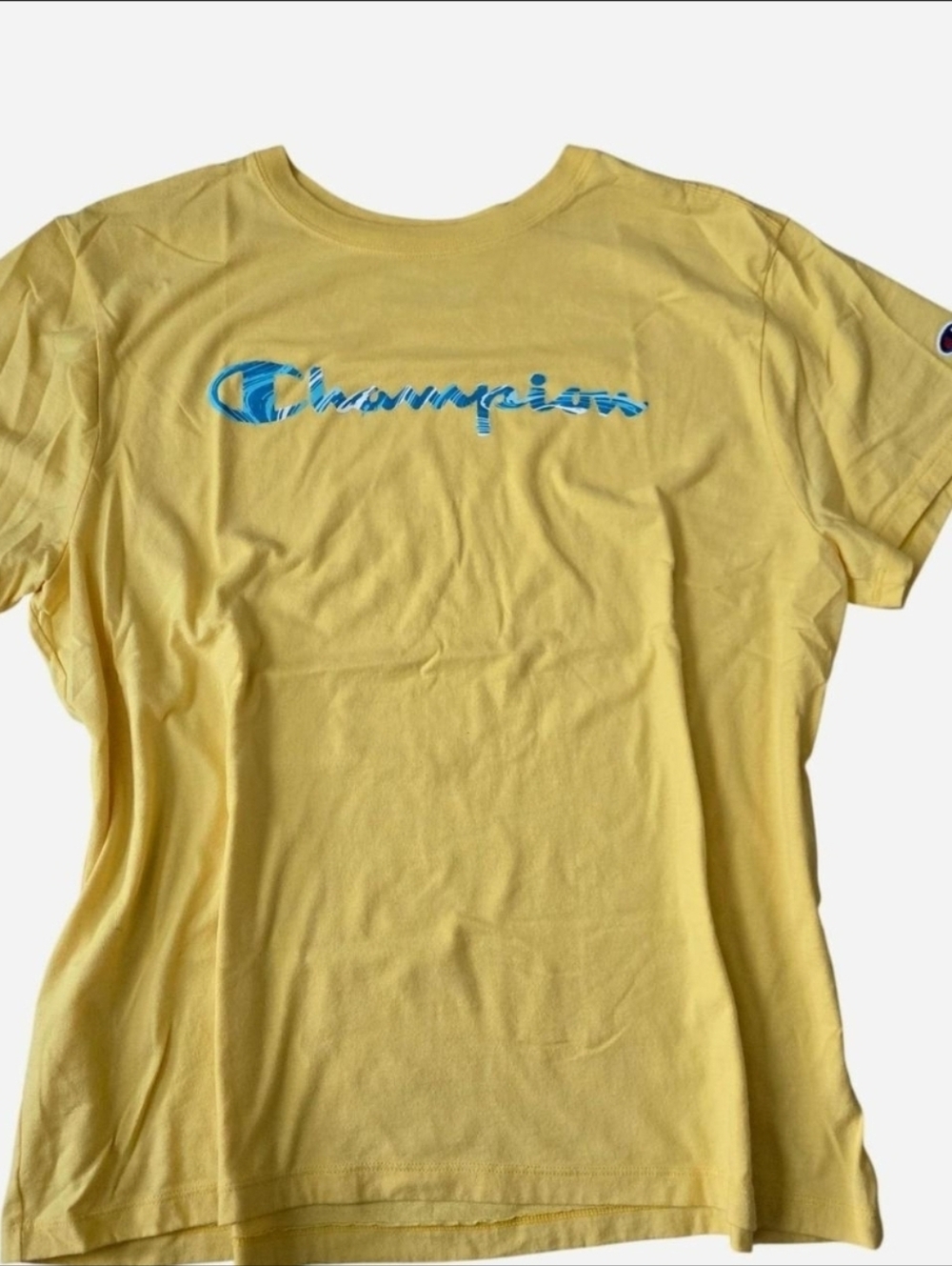 Champion Yellow Crewneck Tee with Navy Logo Print